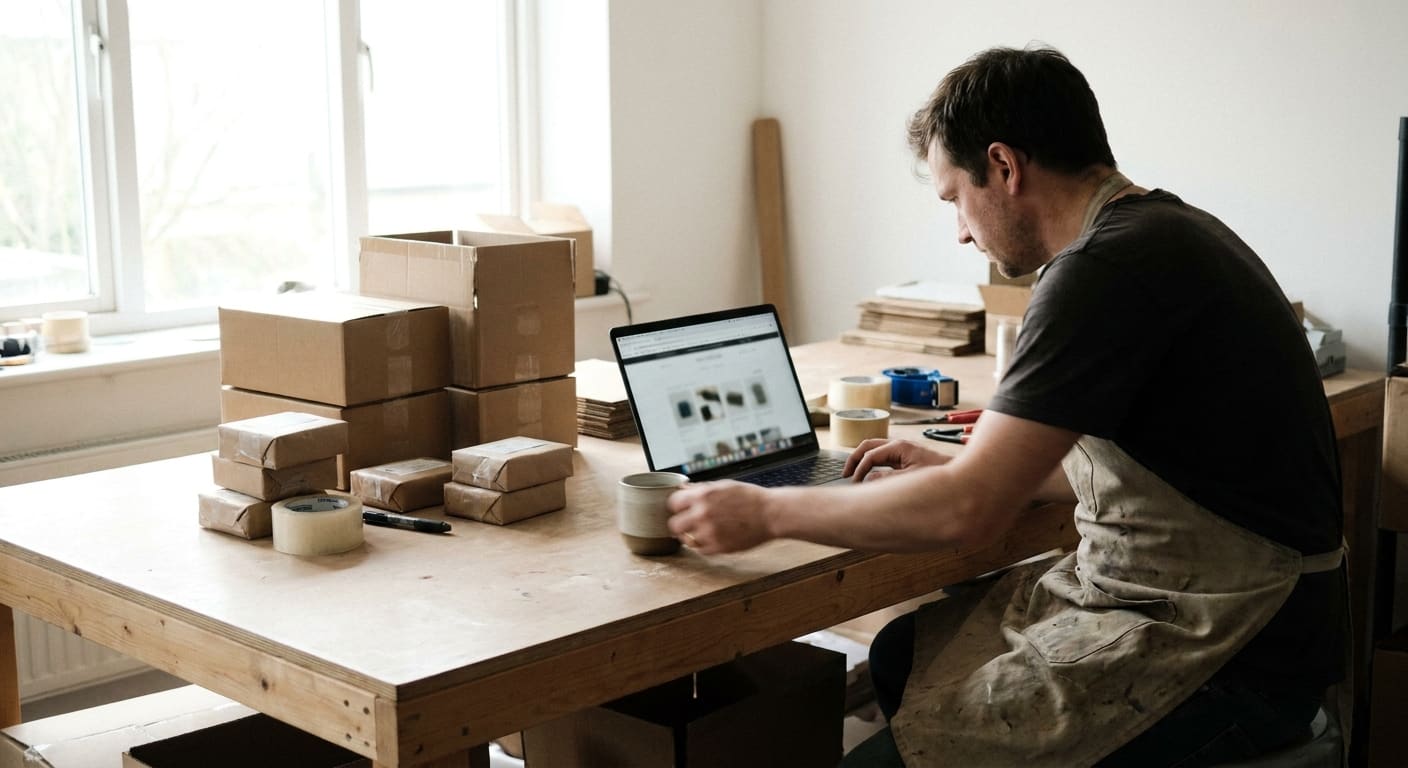 Artisan préparant sa boutique en ligne sur ordinateur portable dans son atelier