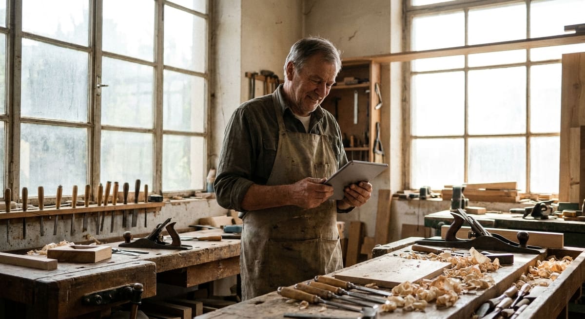 Artisan menuisier consultant le site vitrine de son entreprise sur une tablette dans son atelier