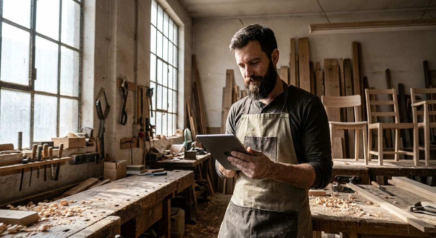 Artisan menuisier consultant son site internet artisan sur tablette dans son atelier