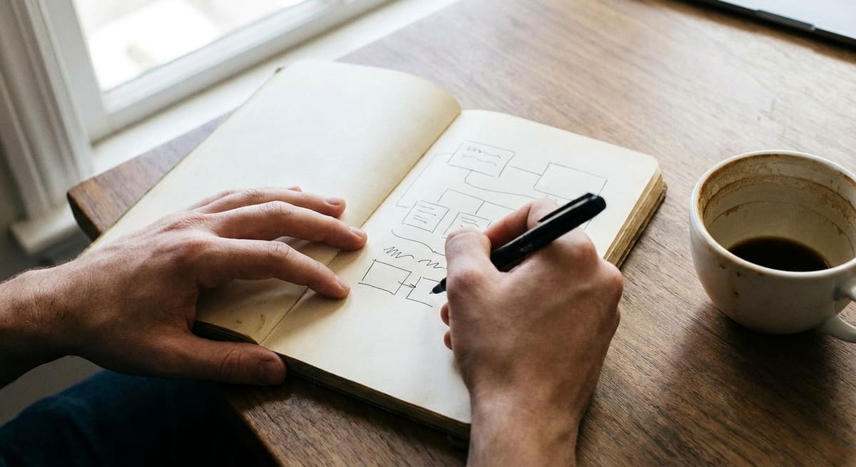 Plan d'arborescence des pages d'un site vitrine dessiné à la main sur un carnet