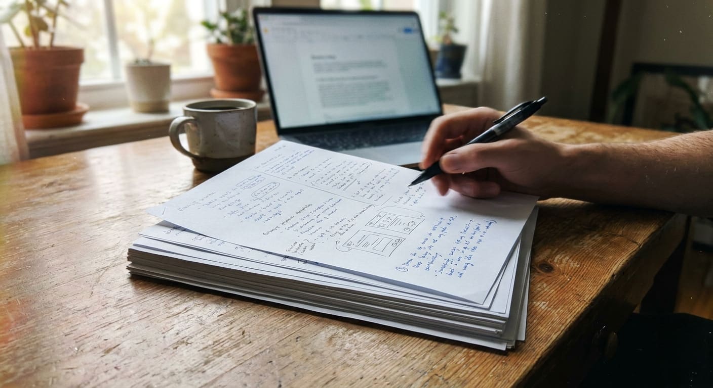 Cahier des charges site web imprimé et annoté sur un bureau de studio