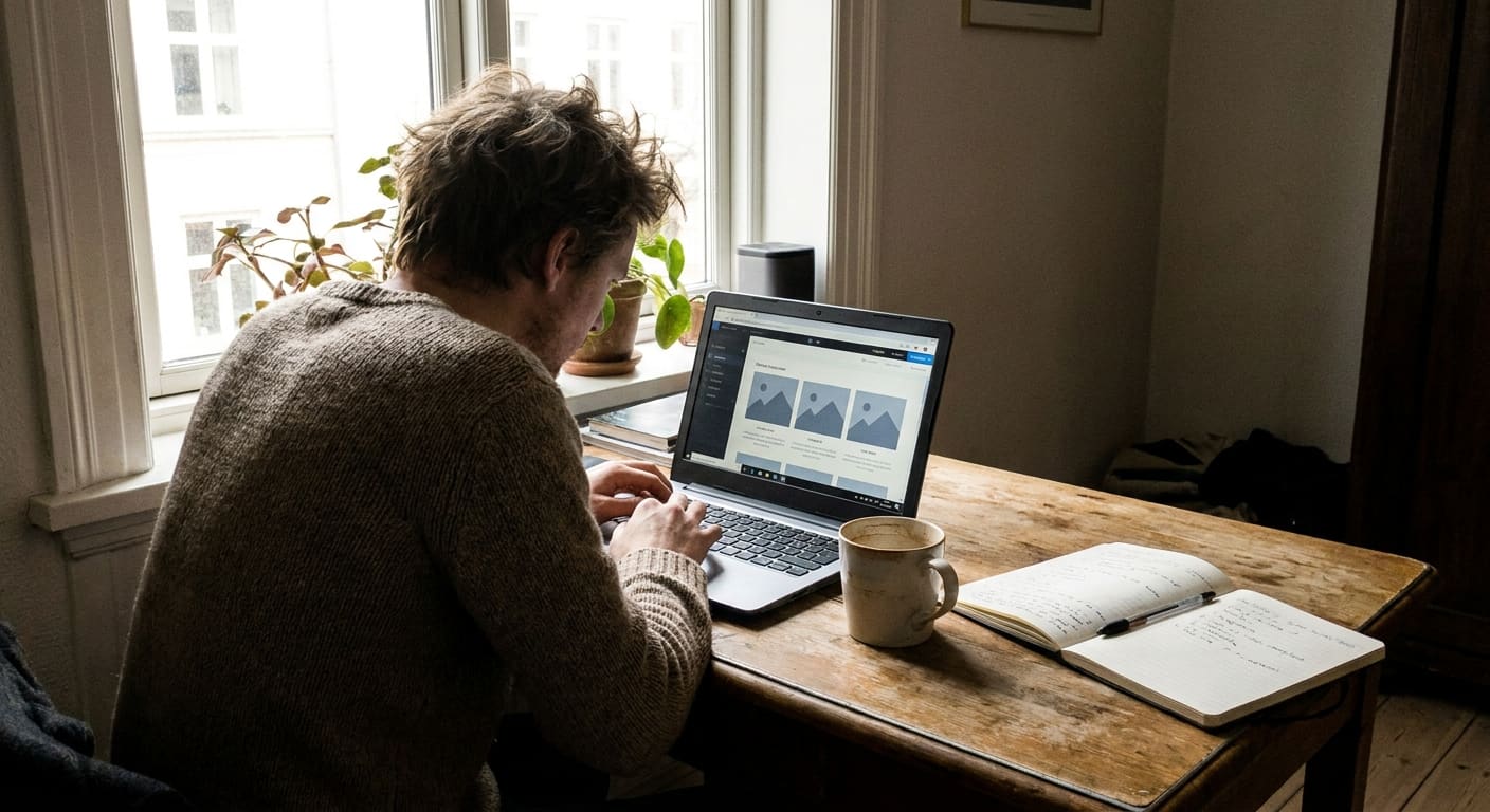 Personne créant un site web gratuitement sur un ordinateur portable dans un bureau lumineux