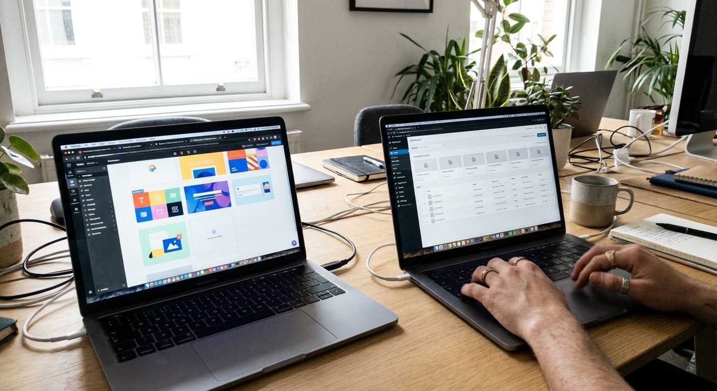 Comparatif wordpress ou wix affiché sur deux écrans d'ordinateur côte à côte