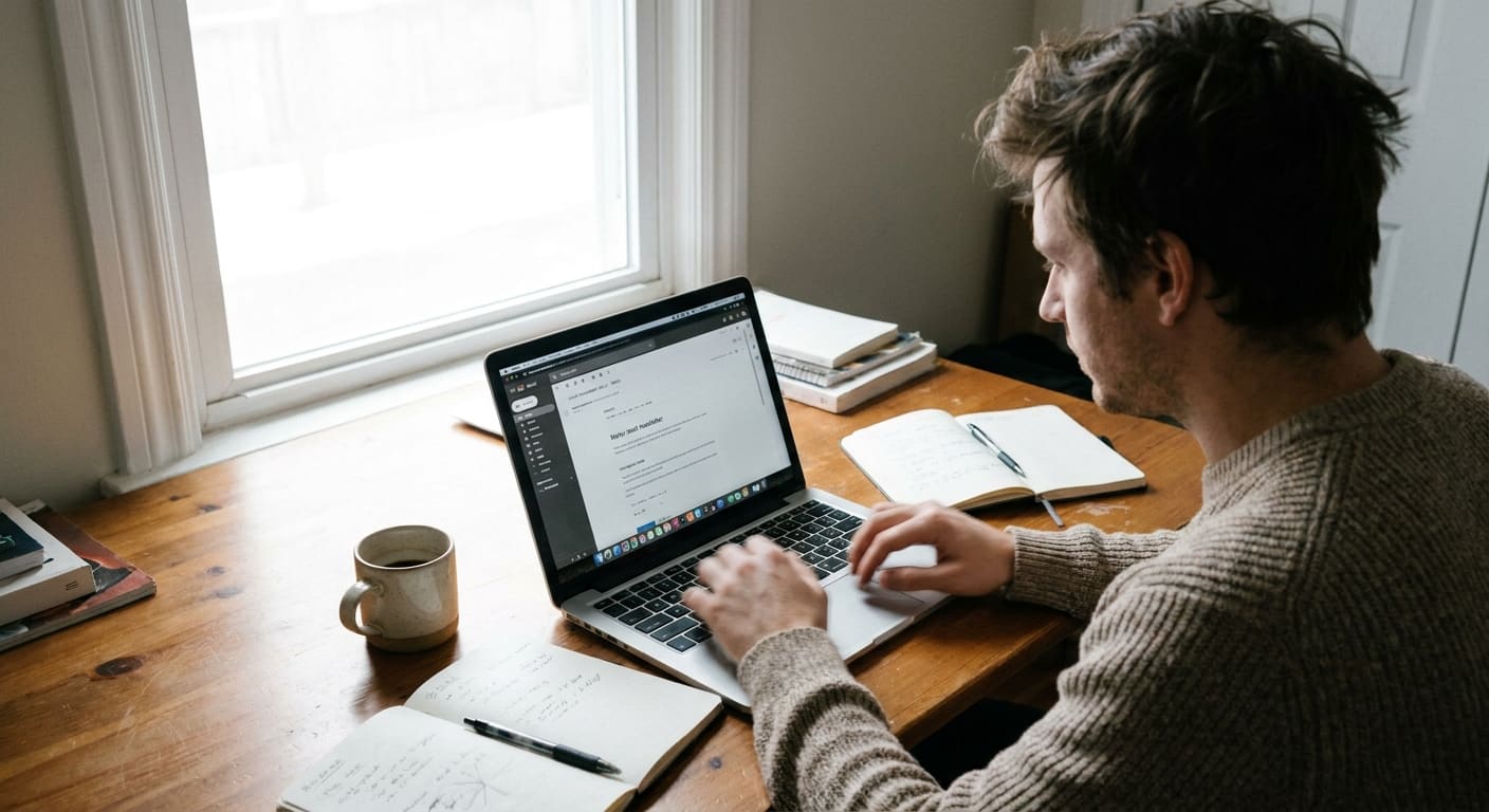 Débutant configurant une campagne email marketing sur un ordinateur portable au bureau