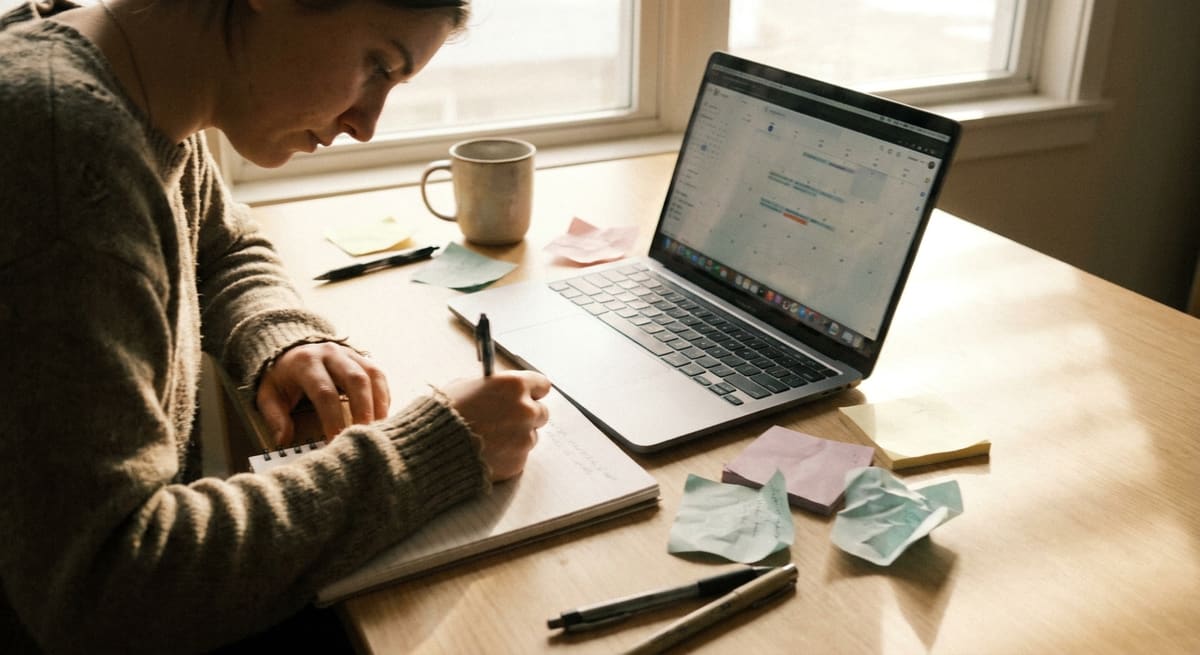 Rédaction d'une séquence de bienvenue email marketing débutant sur un carnet et un ordinateur