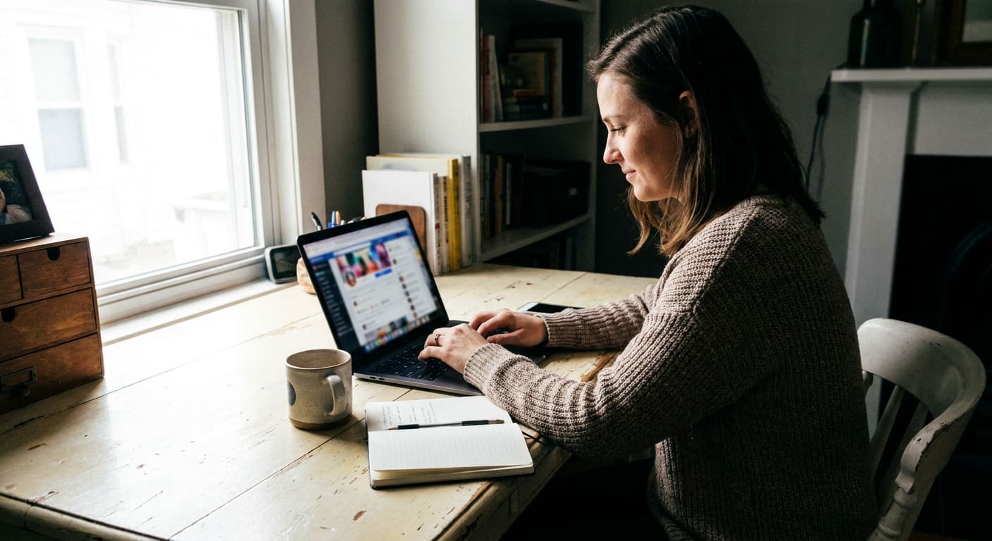 Dirigeante de TPE gérant les réseaux sociaux entreprise sur ordinateur portable