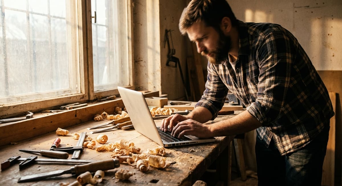 Artisan menuisier rédigeant un article de blog d'entreprise sur son ordinateur