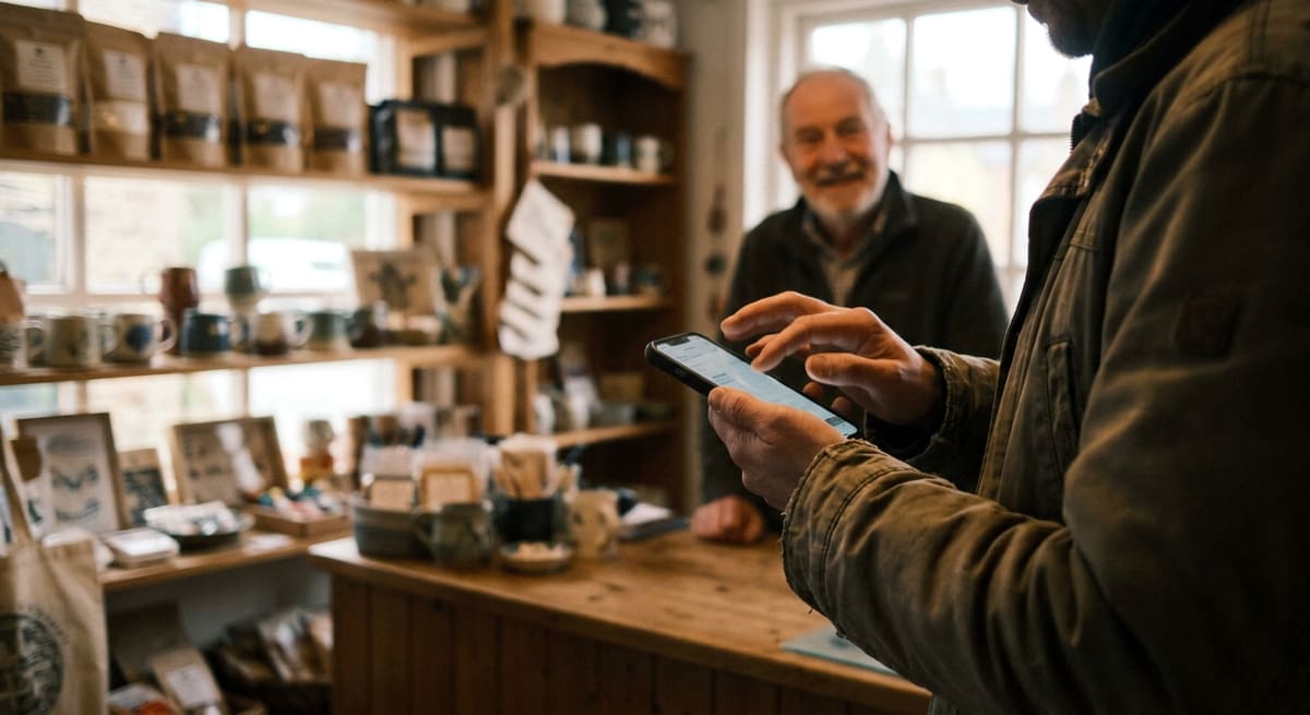 Client laissant un avis Google sur smartphone pour améliorer la visibilité web d'un artisan local