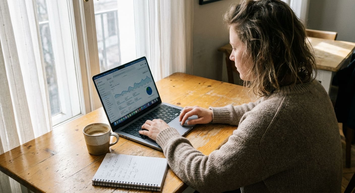 Rédacteur analysant une stratégie de netlinking backlinks sur écran d'ordinateur