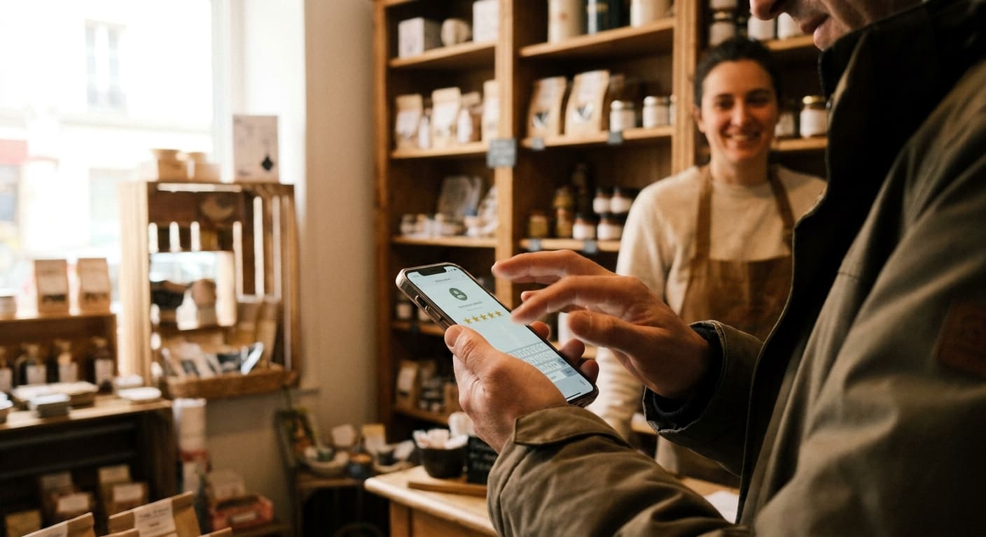 Client laissant un avis Google cinq étoiles sur son smartphone dans une boutique