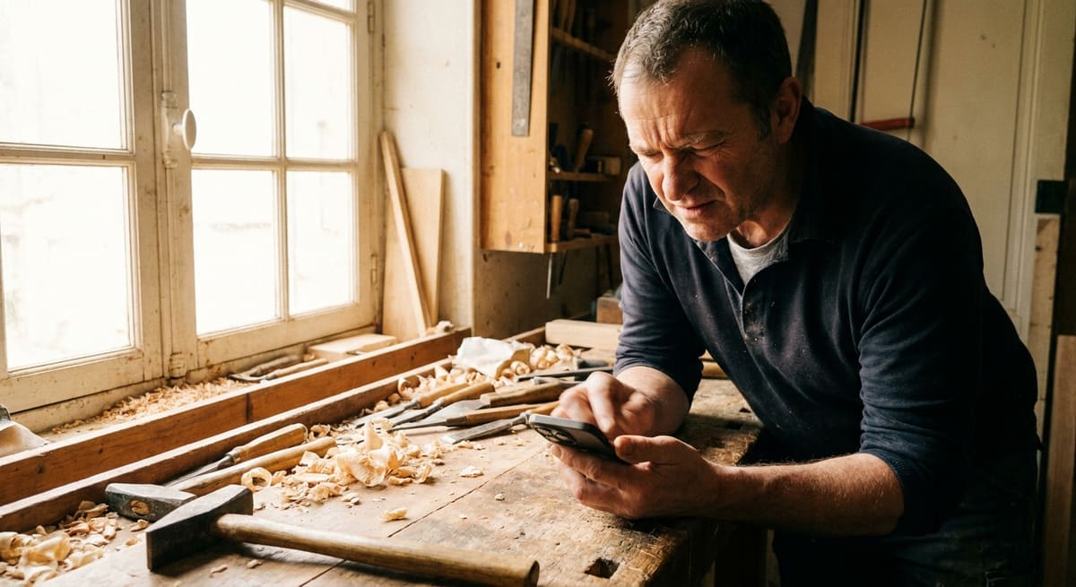 Artisan envoyant une demande d'avis Google par SMS à un client depuis son téléphone