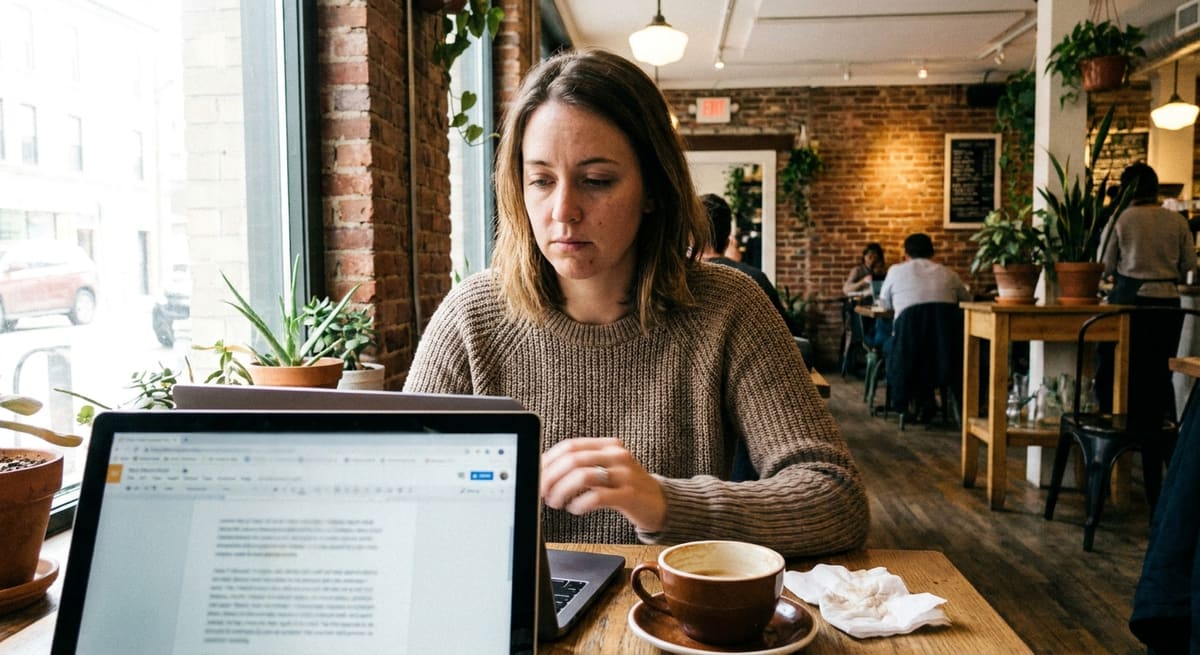 Gérante analysant les avis Google de sa fiche établissement sur un ordinateur portable