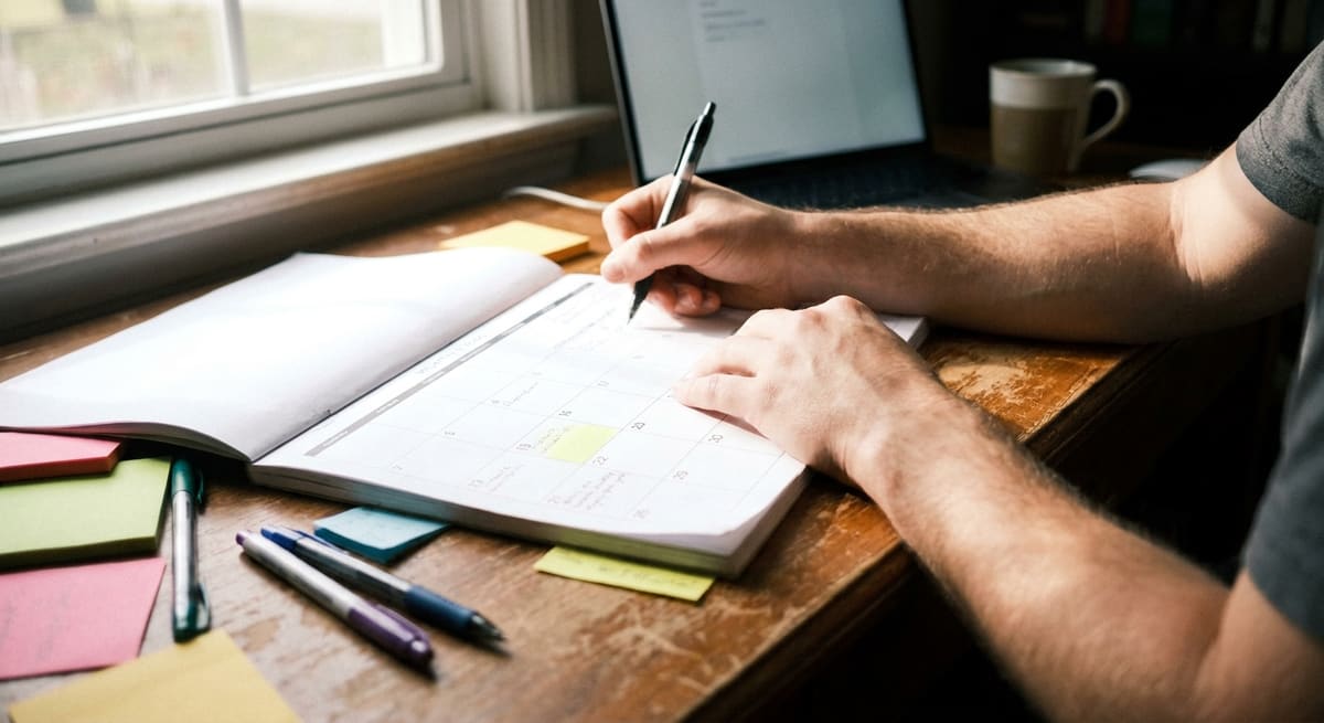 Personne planifiant sa feuille de route de référencement naturel sur un calendrier mensuel