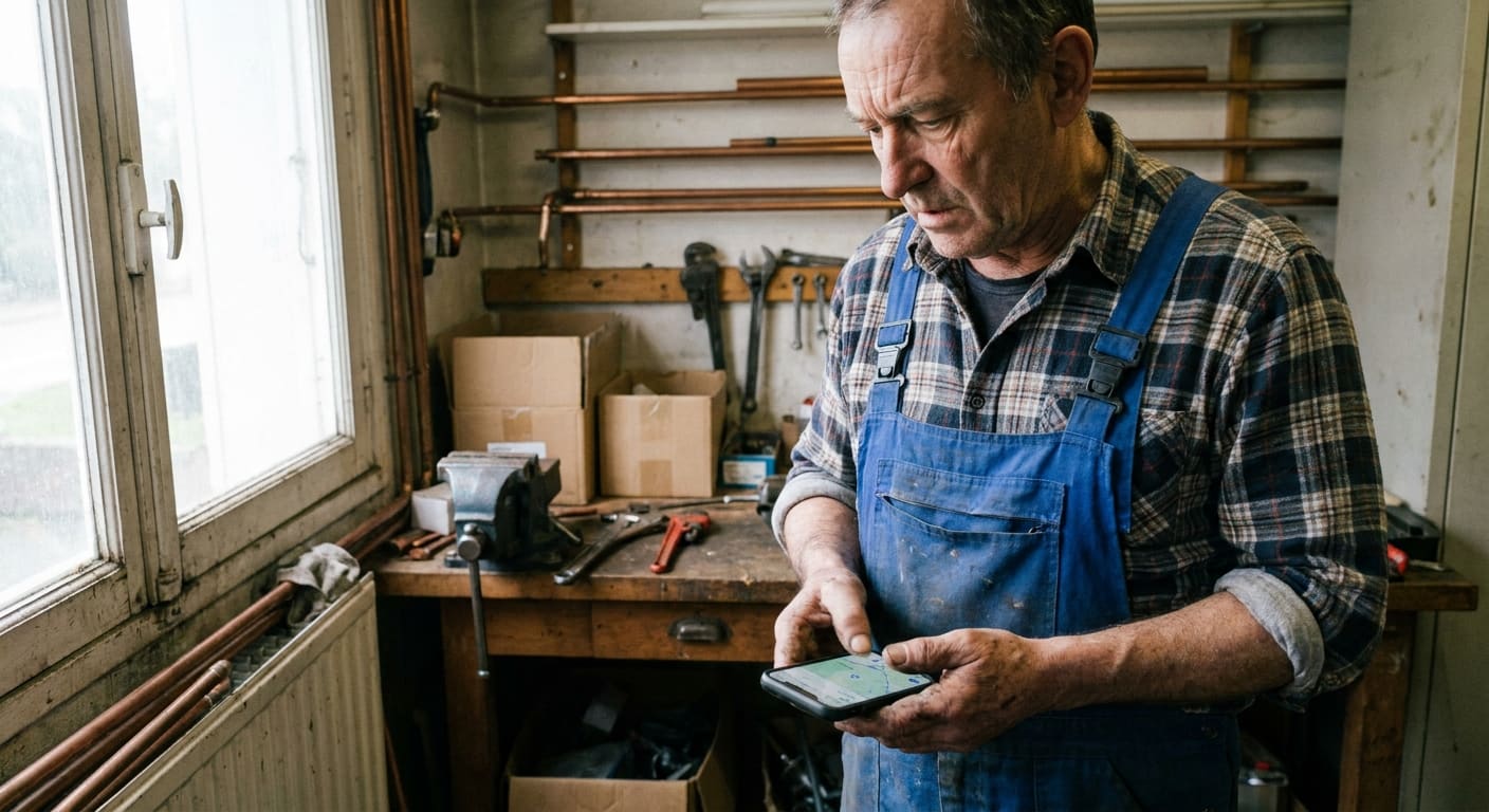 Artisan plombier consultant sa visibilité en seo local sur smartphone dans son atelier